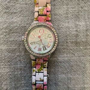 Betsey Johnson Pink Floral Watch with Rhinestone Accents